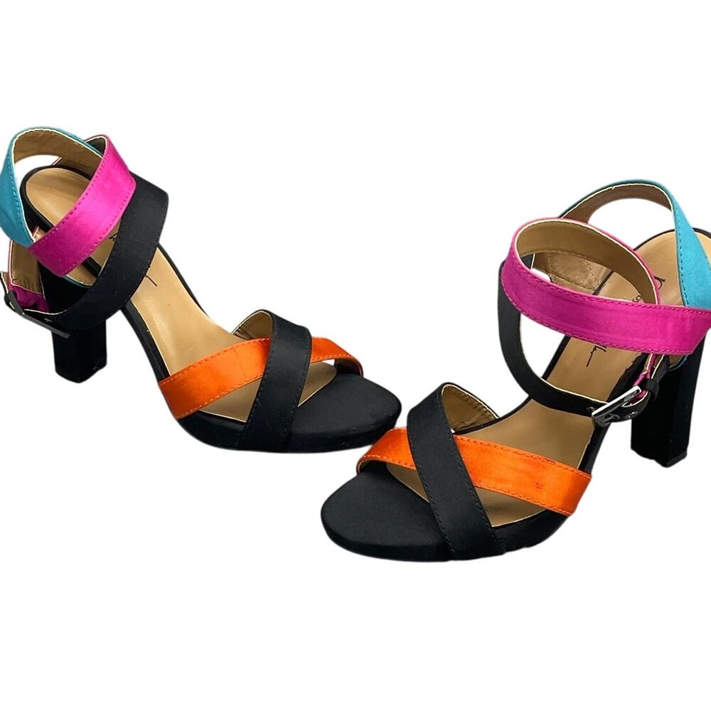 N By Nicole Miller Neon Multicolor Satin Strappy 4" Block Heel Sandal Women 8.5M